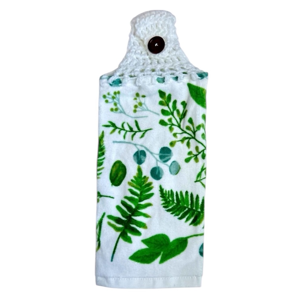 Hand Crafted Colorful Green Leaf Print Kitchen Hanging Hand Towel